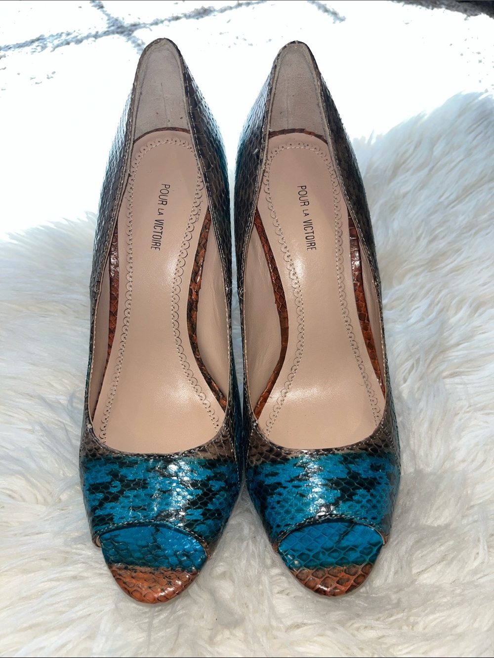 Blue Snake-Print Peep-Toe High Heels